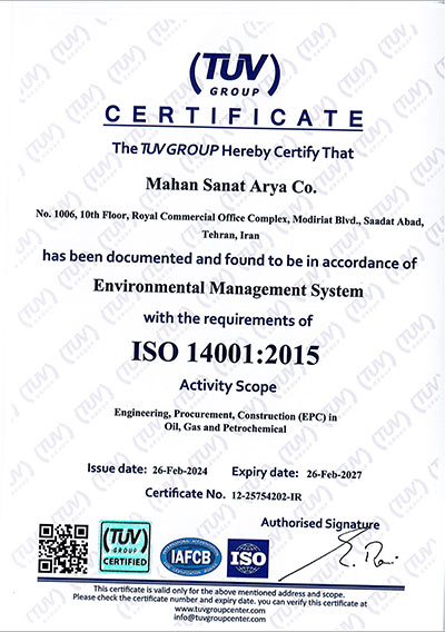 International Environmental Standard Certificate 14001:2015 ISO