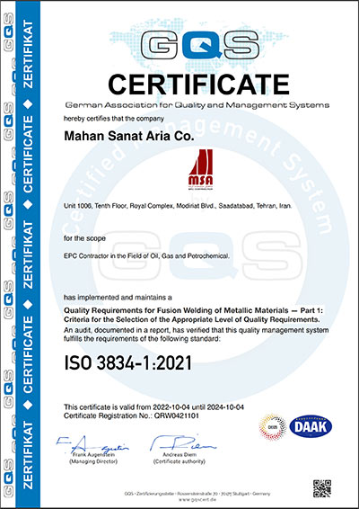 International standard certificate ISO 3834-1:2021 Fusion Welding metallic materials