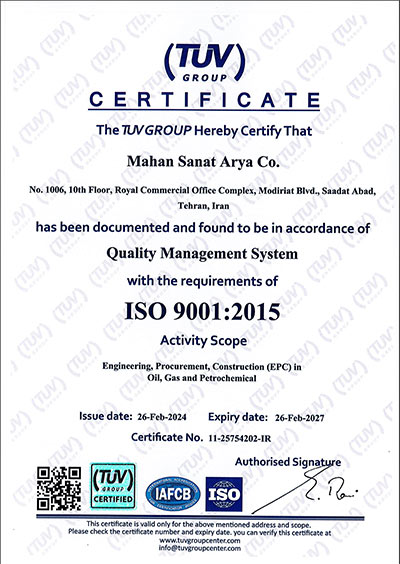 International Quality Management Standard Certificate 9001:2015 ISO
